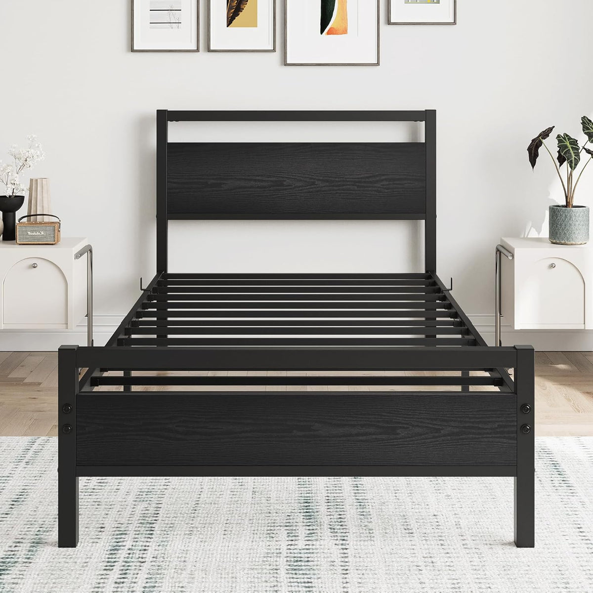 HOJINLINERO Bedframe 90 x 200 cm, bedframe van metaal, hout, eenpersoonsbed, metalen bed, 90 x 200 cm, met lattenbodem, logeerbed, tienerbed 90 x 200 cm met opbergruimte, opbergbed, bed frame, zwart