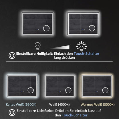 LED Badkamerspiegel – Spiegel – Wandspiegel – Vergrotende Spiegel – Make-up Spiegel – 80x60 cm – 3x Vergroting – Anti-Condens Met 3 Lichtkleuren - QUORE
