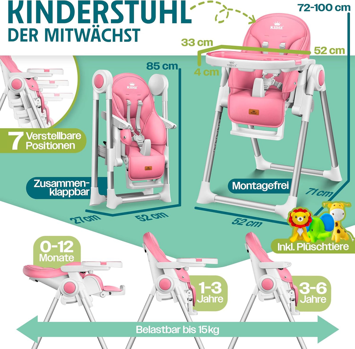 KIDIZ® 3-in-1 High Chair with Play Bar, Baby Lounger, Combination High Chair, High Baby Chair, Adjustable to 7 Heights, Adjustable Backrest, Growing From 0 Months to 6 Years, Baby Chair, - QUORE