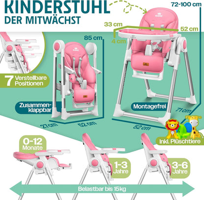 KIDIZ® 3-in-1 High Chair with Play Bar, Baby Lounger, Combination High Chair, High Baby Chair, Adjustable to 7 Heights, Adjustable Backrest, Growing From 0 Months to 6 Years, Baby Chair, - QUORE