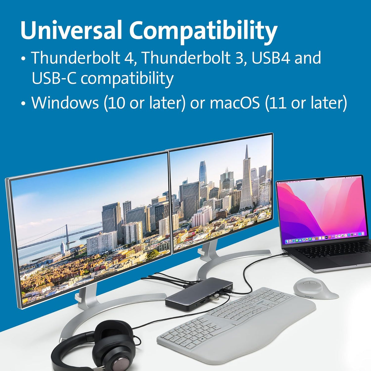 Kensington AD2010T4 Thunderbolt 4 Docking Station, Dual Monitor 8K/4K, Micro SD Kaartlezer, 96W Power Delivery, 2 x HDMI, Ethernet, USB-C 3.2 & 4 x USB-A-Poorten (K34111EU)