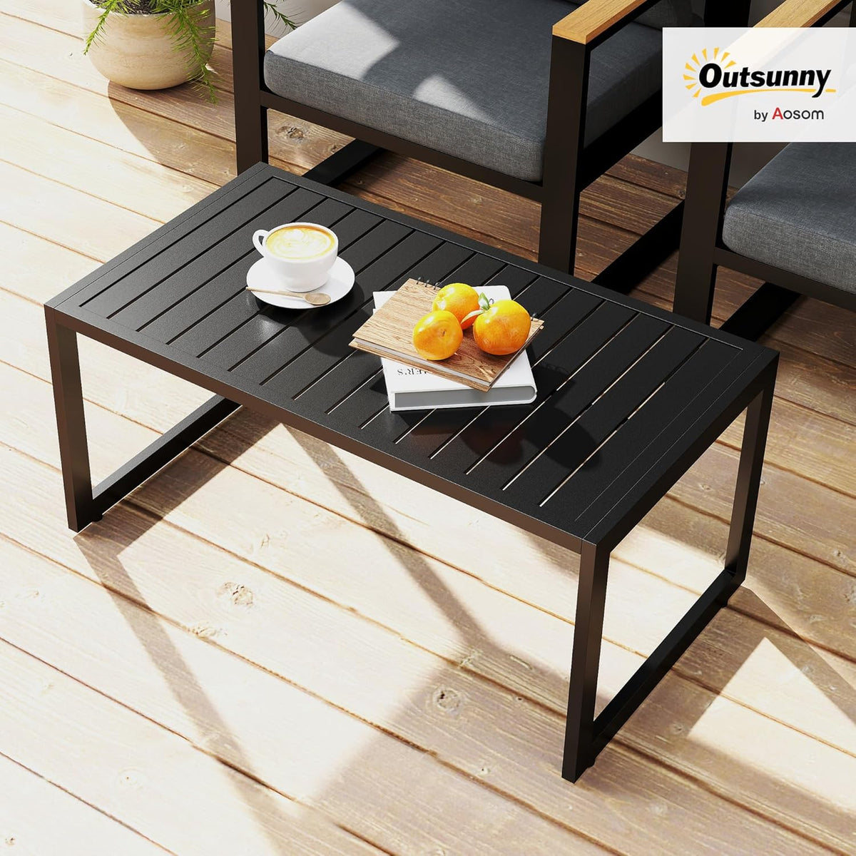 Outsunny Beistelltisch mit Lamellendesign Balkontisch aus Aluminium Kaffeetisch wetterfest Gartentisch pflegeleicht Sofatisch Outdoor Tisch für Balcony Garten Terrasse 90 x 50 x 42 cm Schwarz