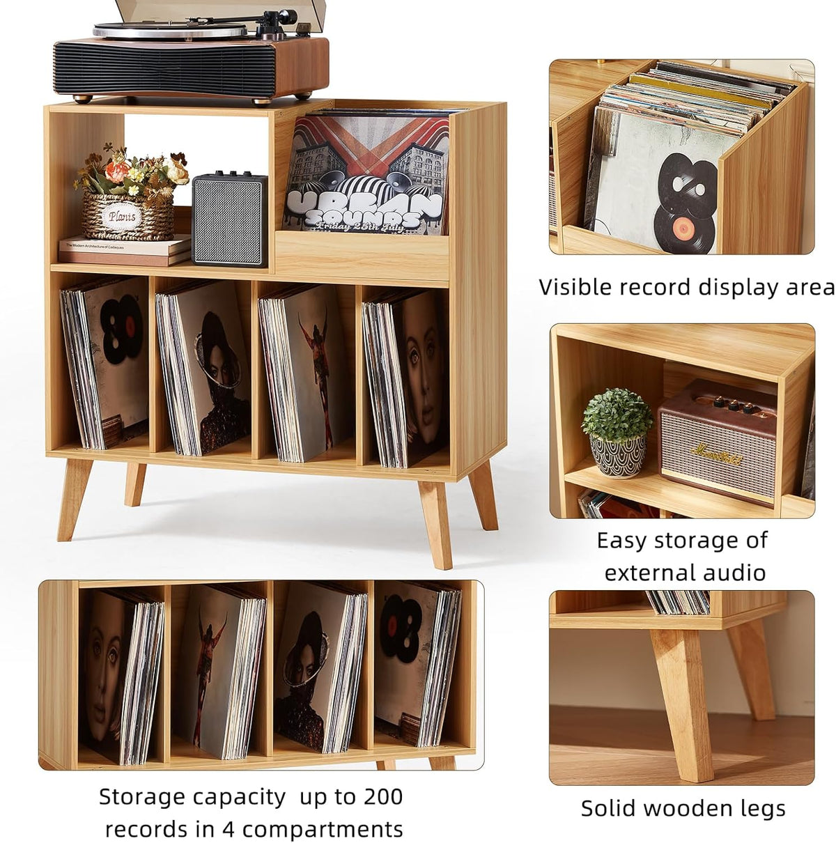 Draaitafelstandaard Houten – Platenspelerstandaard – Vinyl Opbergkast – Platenkast – Muziekmeubel – Voor Meer Dan 300 Vinylplaten – 4 Brede Vakken