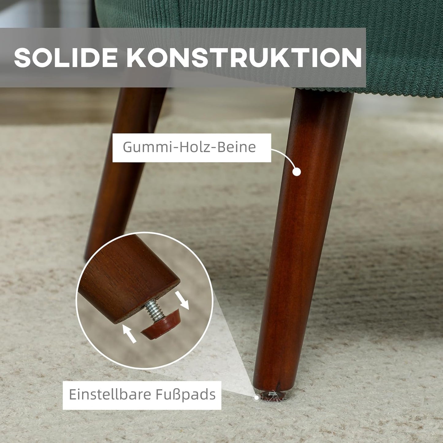 HOMCOM Armrest Lounge Chair Armrests, Upholstered Chair with Cushion, Corduro Armrest Chair Wooden Legs Reading Chair for Living Room, Bedroom, Dark Green - QUORE