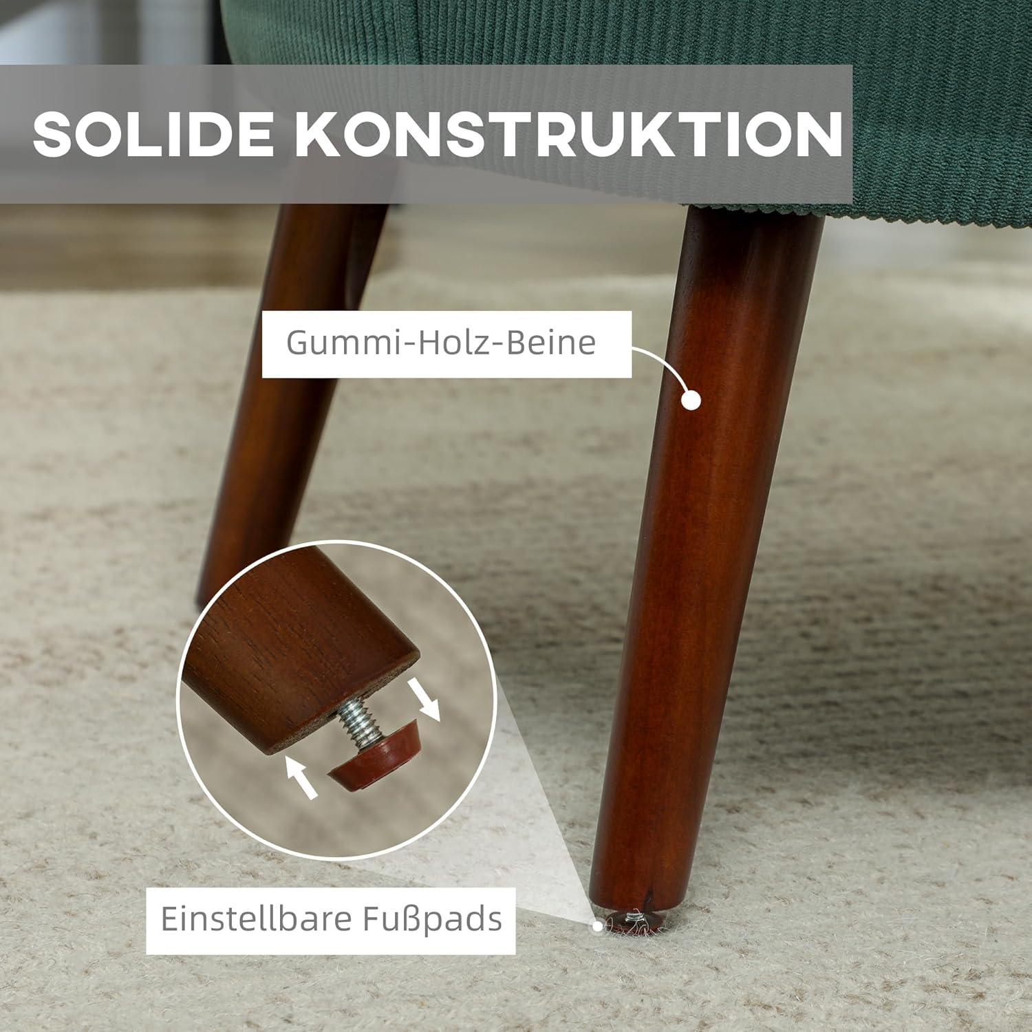 HOMCOM Armrest Lounge Chair Armrests, Upholstered Chair with Cushion, Corduro Armrest Chair Wooden Legs Reading Chair for Living Room, Bedroom, Dark Green - QUORE