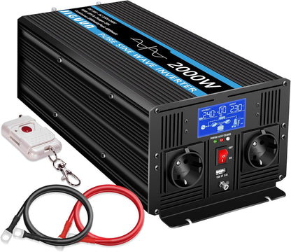 JIGUUN 2000W omvormer 24v naar 230v zuivere sinus met 20A lader en net prioriteit circuit en UPS, 2 EU-stopcontacten, draadloze afstandsbediening en LCD-display piekvermogen 4000W