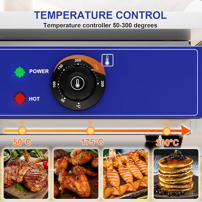 TAIMIKO Professionele elektrische grillplaat, 55 x 35,5 cm, gladde kookplaat, 2 kookzones, 3000 W, commercieel, BBQ-grillplaat, roestvrij staal, opzetbare grill met thermostaat en afneembare sapschaal