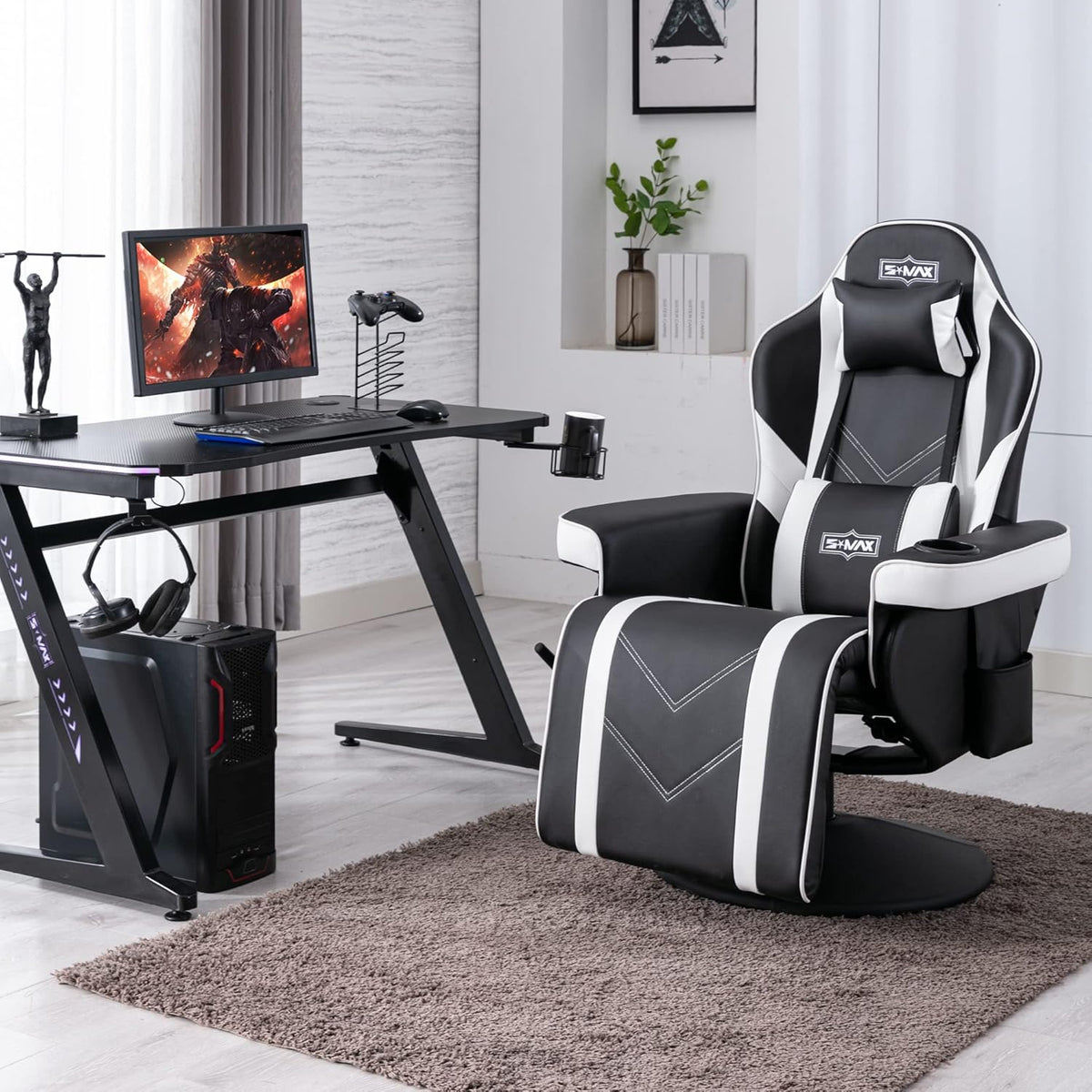 S*MAX Gaming stoel met voetensteun, gamingstoel, hoge rugleuning met verstelbare rugleuning, bekerhouder, zijtas, gamerstoelen voor volwassenen, zwart, wit, X large