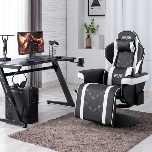 S*MAX Gaming stoel met voetensteun, gamingstoel, hoge rugleuning met verstelbare rugleuning, bekerhouder, zijtas, gamerstoelen voor volwassenen, zwart, wit, X large