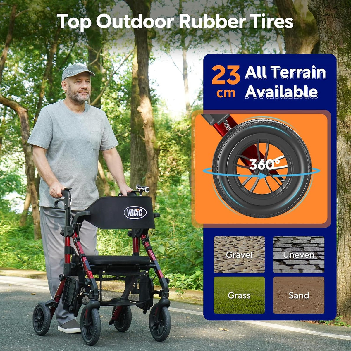 VOCIC 2 in 1 Rolstoel Rollator Opvouwbaar en Licht met Zitting, Outdoor Gumbanden voor Alle Terreinen, Lichtgewicht Rollatoren met Nettas, Aluminium Loophulp Transport-Stoel, Rood (5 Jaar