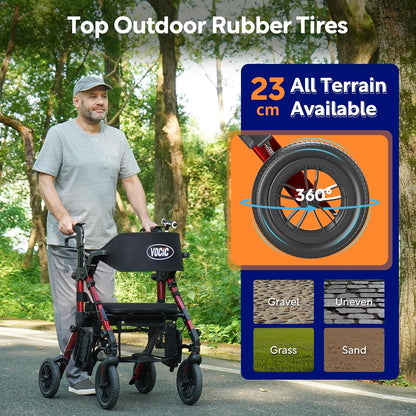 VOCIC 2 in 1 Rolstoel Rollator Opvouwbaar en Licht met Zitting, Outdoor Gumbanden voor Alle Terreinen, Lichtgewicht Rollatoren met Nettas, Aluminium Loophulp Transport-Stoel, Rood (5 Jaar