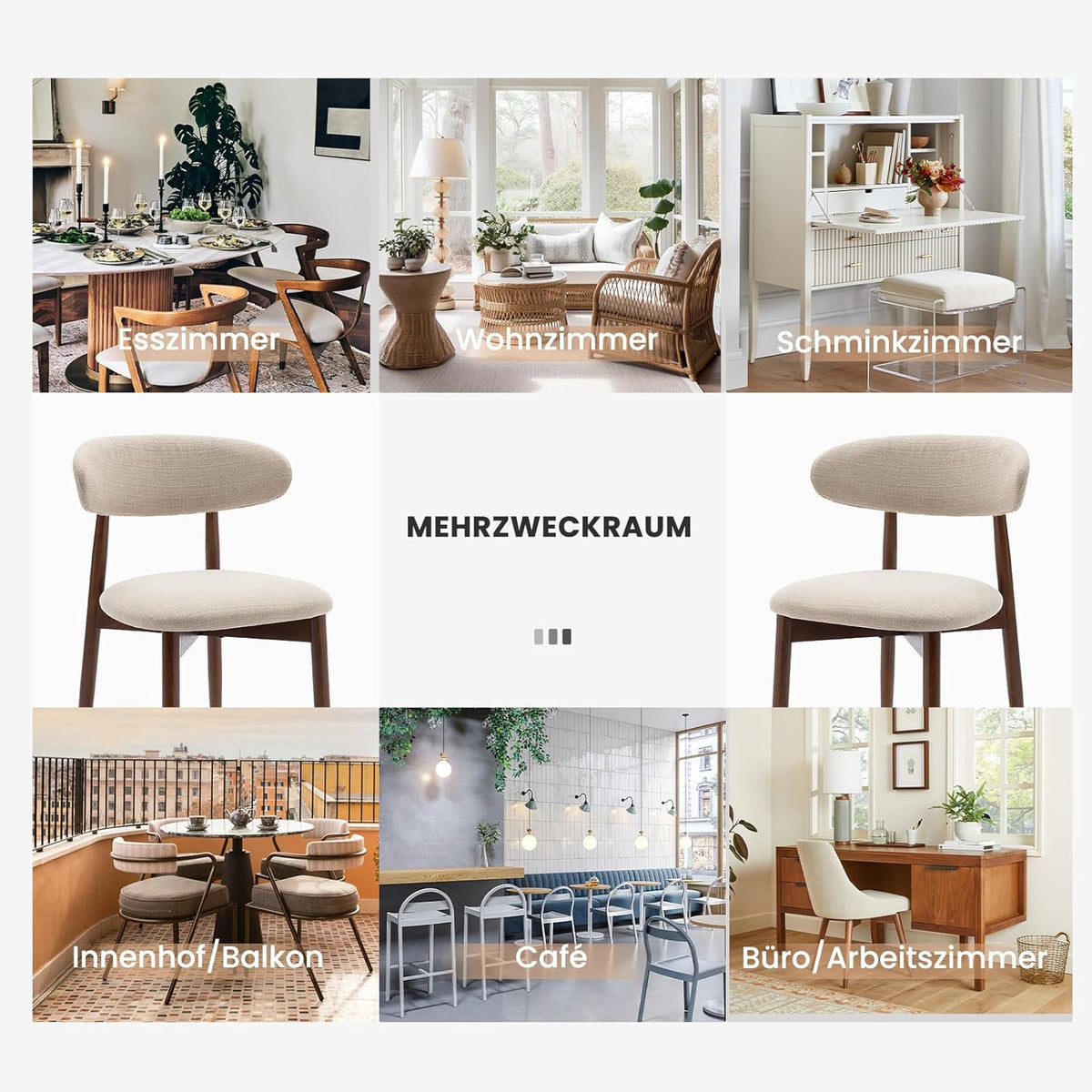 COLAMY Keukenstoel, eetkamerstoelen, set van 2, moderne gestoffeerde stoel, eetstoelen met vaste rugleuning, stoffen eetkamerstoel met houten poten, voor eetkamer, keuken, restaurant, beige