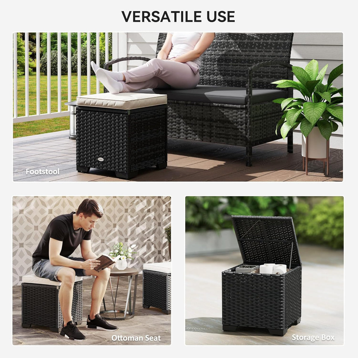 Outsunny Set of 2 Rattan Storage Ottoman, Outdoor Footstool with Removable Cushions, Garden Storage Seat for Balcony, Porch, Living Room, Cream - QUORE