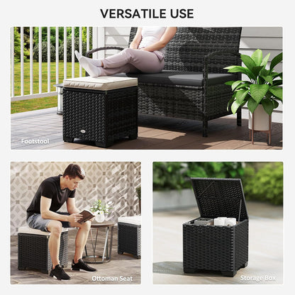 Outsunny Set of 2 Rattan Storage Ottoman, Outdoor Footstool with Removable Cushions, Garden Storage Seat for Balcony, Porch, Living Room, Cream - QUORE