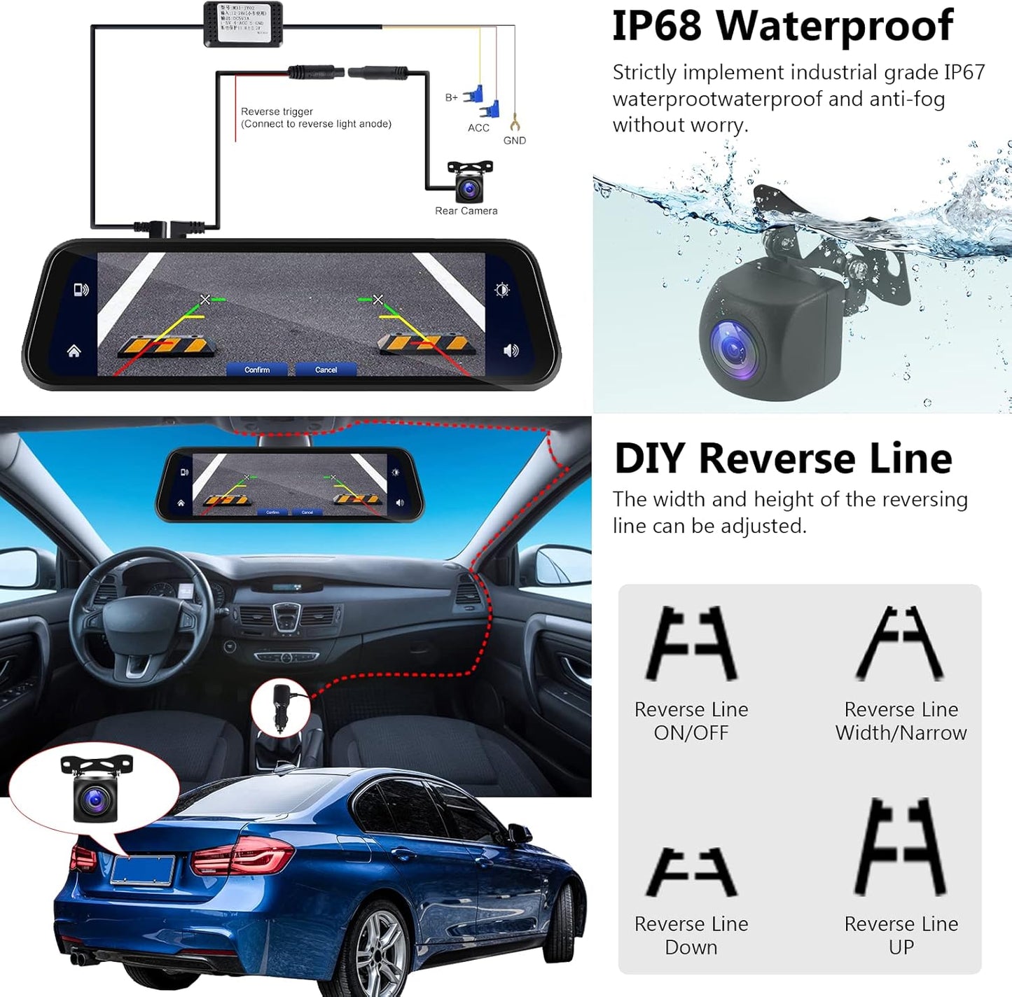 Hodozzy Spiegel Dashcam Carplay Draadloze Android Auto Bluetooth 24,5 cm (9,66 inch) IPS Touchscreen Voorcamera Achteruitrijcamera Waterdicht Nachtzicht WDR Auto Achteruitkijkspiegel Parkeermonitor