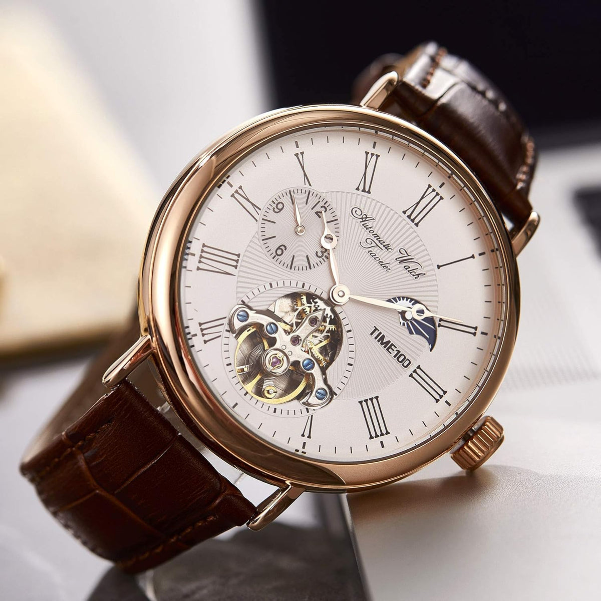 TIME100 Heren automatisch horloge Navigator-serie Tourbillon-stijl dubbele tijdzone zakelijke kalender mechanisch horloge lederen band