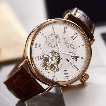 TIME100 Heren automatisch horloge Navigator-serie Tourbillon-stijl dubbele tijdzone zakelijke kalender mechanisch horloge lederen band