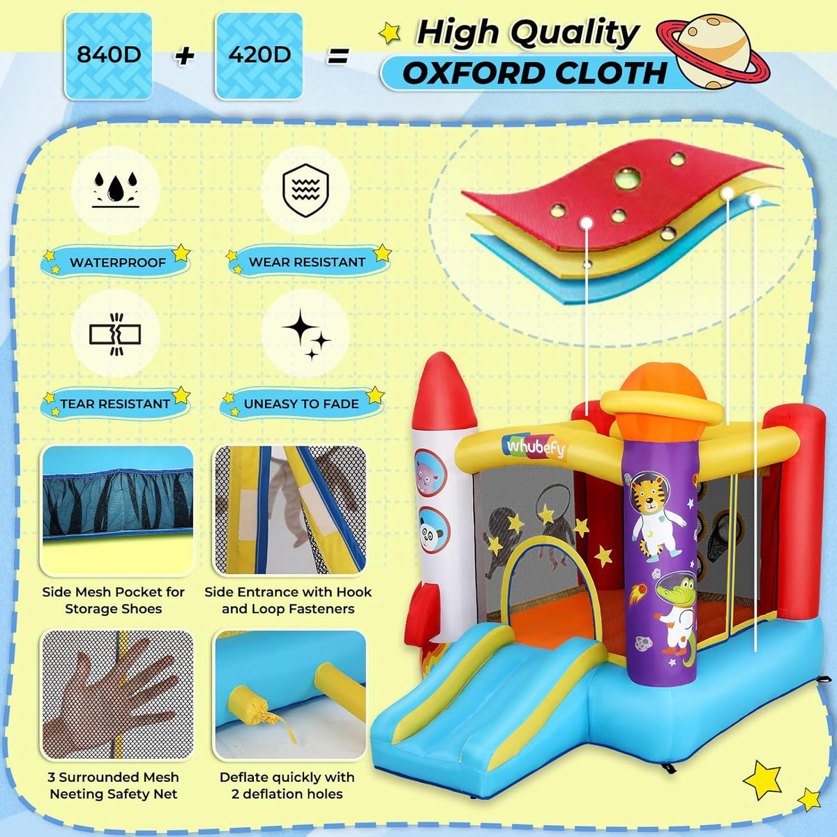 Opblaasbaar slot voor kinderen (2-8 jaar), opblaasbaar slot met ventilator, astronautenspeelplaats en schietruimte, raketkasteel voor binnen- en buitenfeesten