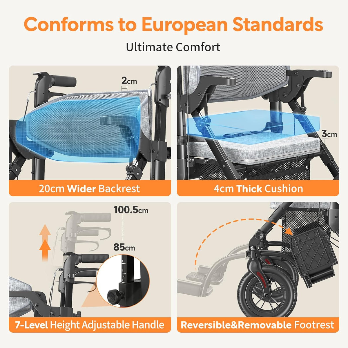 VOCIC 2 in 1 rolstoelrollator, opvouwbaar en lichtgewicht met zitje, rubberen buitenbanden voor elk terrein, lichtgewicht rollator, aluminium transportstoel, obsidiaanzwart (5 jaar garantie)