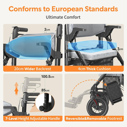 VOCIC 2 in 1 rolstoelrollator, opvouwbaar en lichtgewicht met zitje, rubberen buitenbanden voor elk terrein, lichtgewicht rollator, aluminium transportstoel, obsidiaanzwart (5 jaar garantie)