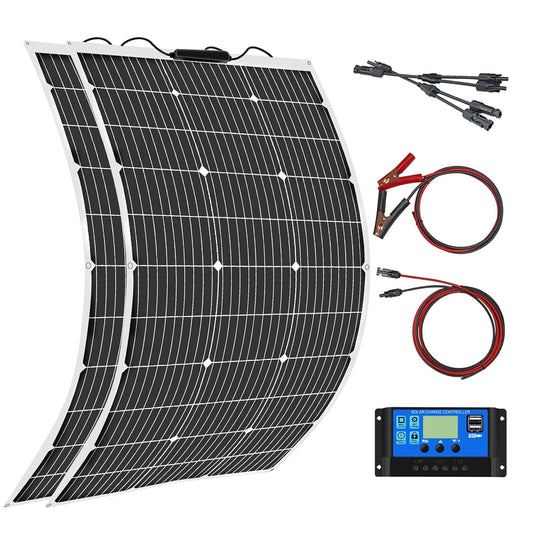 200W 12V Kit Zonnepaneel Flexibel 2x100W 12V Monokristallijn Zonnepaneel met 20A Solar Laadregelaar voor RV Marine Boot Auto Caravan Camper Dak 12V/24V batterij