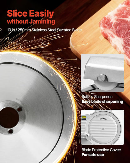 VEVOR Commerciële Vleessnijder, 25,4 cm (10 inch), 320 W voedselsnijder met SUS420-lemmet, instelbare dikte van 0 tot 10 mm, voor bevroren vlees, ham
