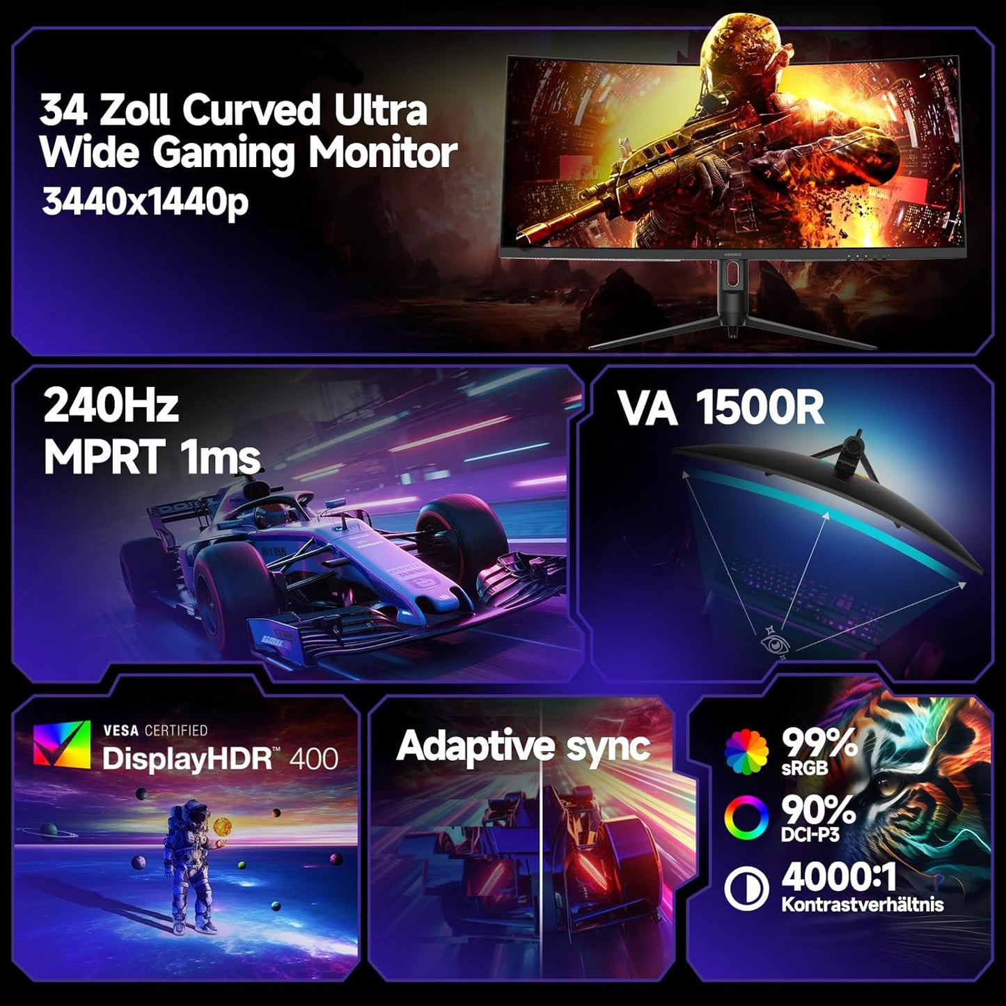 KOORUI 34-Zoll-Gaming-Monitor,240Hz PC Bildschirm,Curved 1500R,Adaptive Sync, Ultrawide WQHD (3440×1440), HDR400, höhenverstellbar (110mm),Pip/PBP,Schwarz - QUORE
