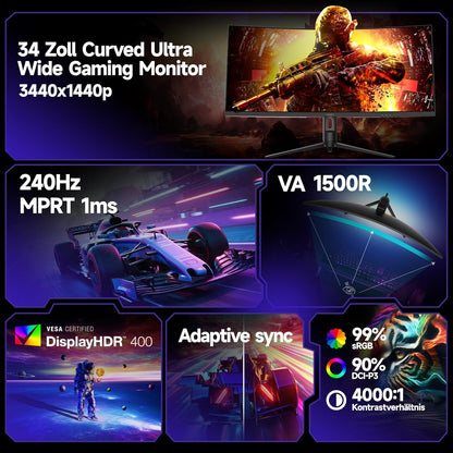 KOORUI 34-Zoll-Gaming-Monitor,240Hz PC Bildschirm,Curved 1500R,Adaptive Sync, Ultrawide WQHD (3440×1440), HDR400, höhenverstellbar (110mm),Pip/PBP,Schwarz - QUORE