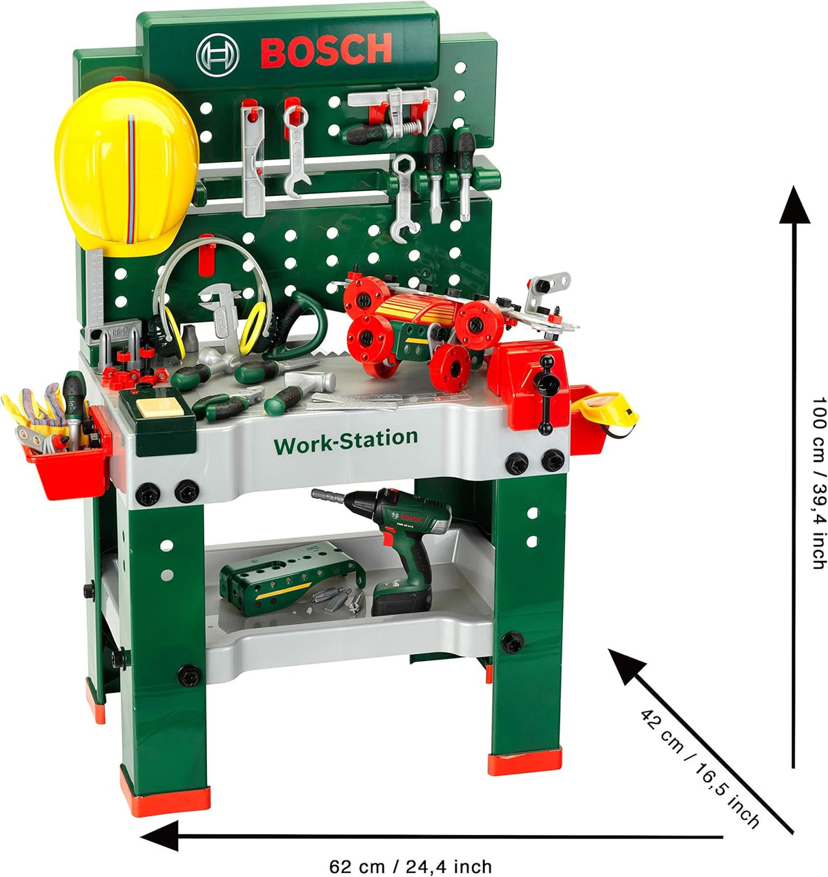 Theo Klein 8485 Bosch werkbank nr. 1 I 150 onderdelen I Inclusief accessoires | Accuschroevendraaier op batterijen met licht en geluid I Voor kinderen vanaf 3 jaar