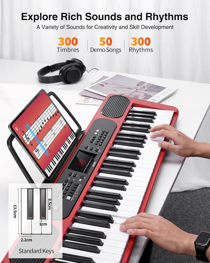 Keyboard piano – Elektronisch Keyboard – Piano Keyboard – Digitale Piano – Muziekkeyboard – Rood – 61 Verlichte Toetsen – Dubbele 3W-Luidsprekers