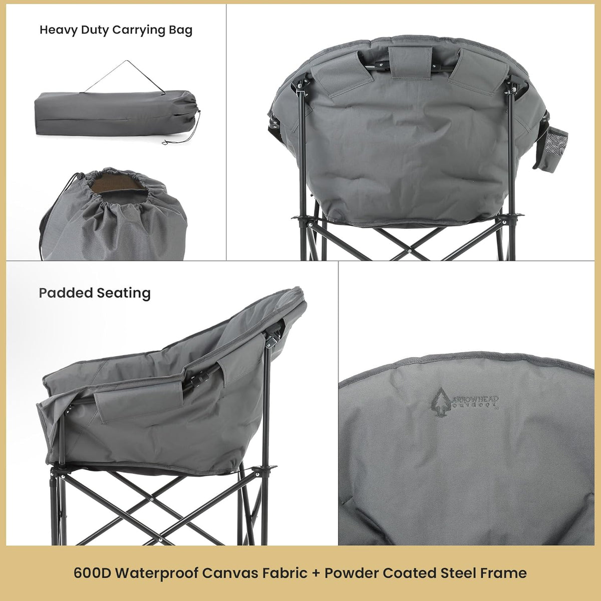 ARROWHEAD OUTDOOR Extra grote robuuste club-campingstoel met buitenvak, bekerhouder, draagbaar, gewatteerd, maan, rond, schotel, ondersteunt 150 kg, draagtas, VS-gebaseerde ondersteuning