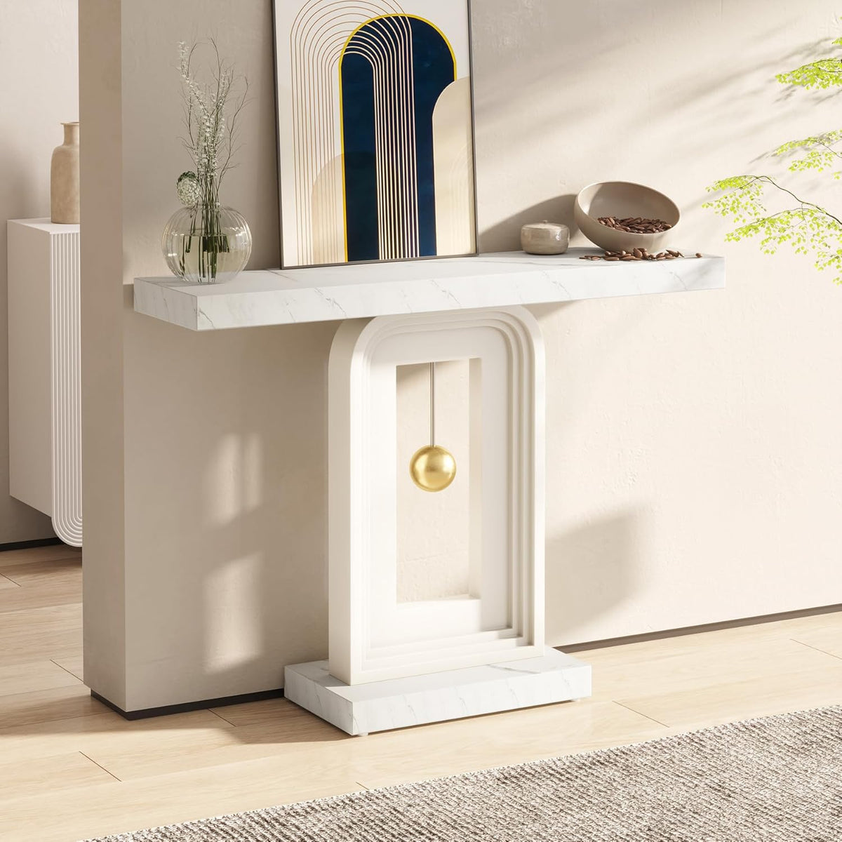 Tribesigns Modern Console Table with Geometric Base, Narrow Sofa, 40 Inches with Gold Decoration, Modern Decorative Wooden Table for Living Room, Entrance, Hallway, Entrance, Marble