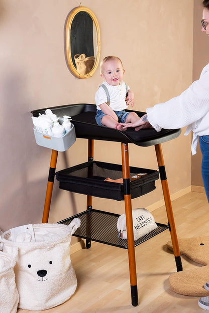 ChildHOME aankleedtafel, uitbreidbaar, 4 hoogtes, gemakkelijk te verplaatsen, wielen, remsysteem, robuust, opbergmand, incl. kussen, Evolux, zwart