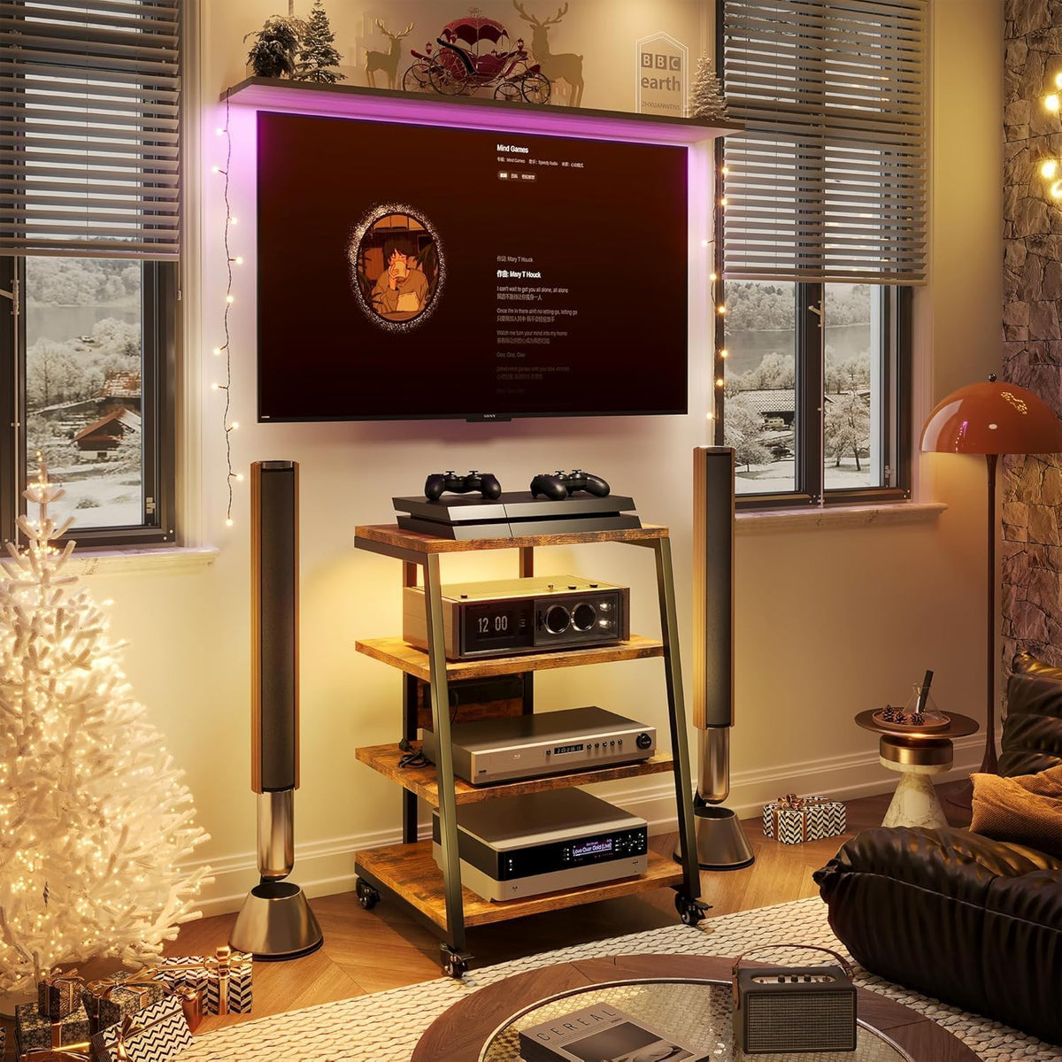 HIFI Stand platenspeler standaard, 4-laags houten planken met stekkerdozen, LED-verlichting, wielen, in hoogte verstelbare AV-media-opslag audiorek toren voor draaitafel/printer/Sky Box/TV