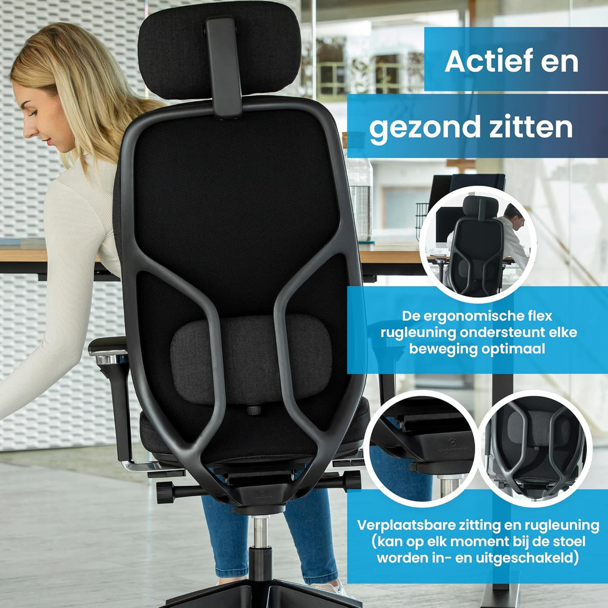 Ergonomische bureaustoel – Bureaustoel Thuiswerken – Draaistoel – Comfortabele Bureaustoel – Kantoestoel – 3D-kantelmechanisme – Verstelbare 5D-armleuningen