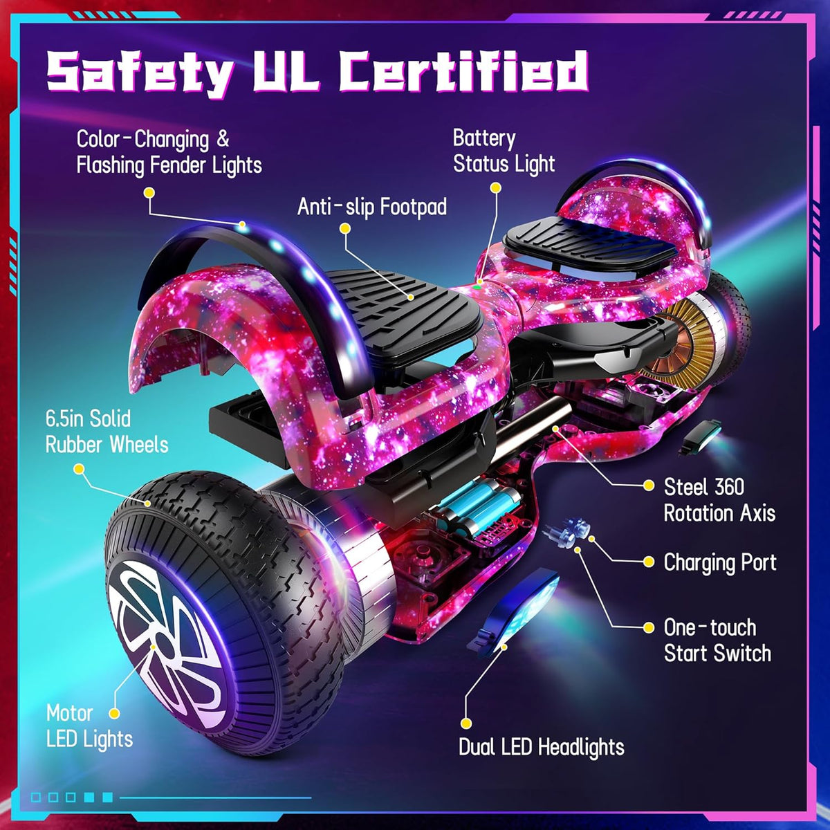 Hoverboard voor kinderen van 6 tot 12 jaar, met geïntegreerde bluetooth-luidspreker en 6,5 inch wielen met kleurrijke lichten, veilige zelfbalancerende scooter, cadeau voor kinderen