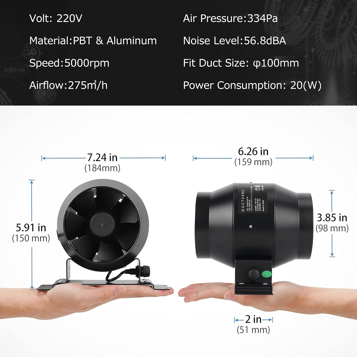 100 mm Verstelbare Inline Buiskanaalventilator, 275 m³/uur, Zwart, Ideaal voor Kweektenten, Ventilatie & Afvoer, Automatische Temperatuur & Vochtigheidsregeling