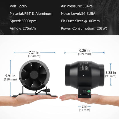 100 mm Verstelbare Inline Buiskanaalventilator, 275 m³/uur, Zwart, Ideaal voor Kweektenten, Ventilatie & Afvoer, Automatische Temperatuur & Vochtigheidsregeling