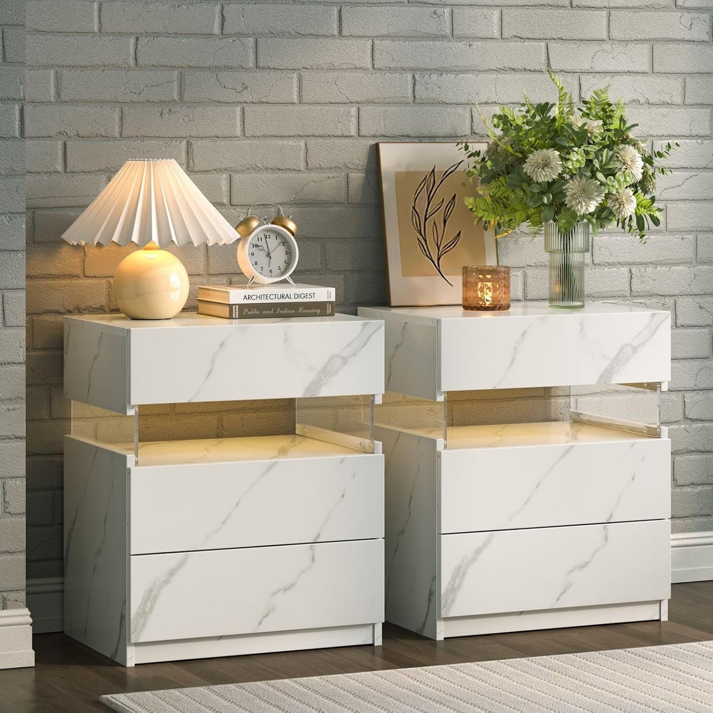 Nachtkastje met LED - Kast - Tafel - Slaapkamerdecoratie - Opbergruimte - 60 cm x 37 cm x 50 cm - Wit