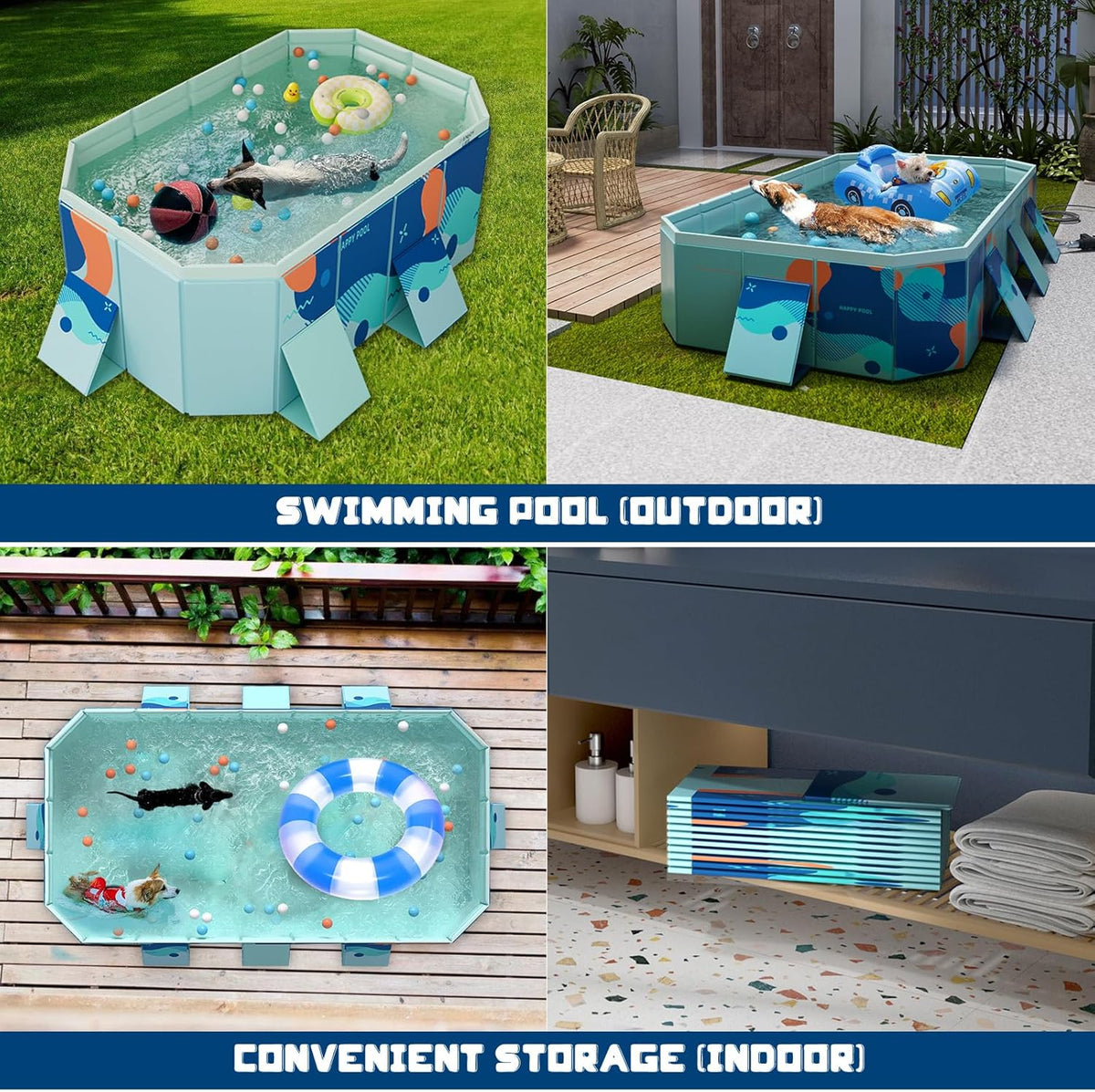 Opvouwbaar zwembad, 2,23 m, robuust pvc-zwembad voor honden en huisdieren, groot tuinzwembad met afvoerventiel en antislip bodem, inclusief ballen en reparatieset, blauw