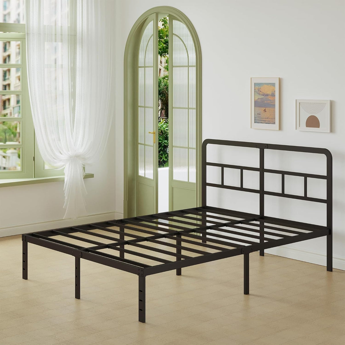 Lutown-Teen Metalen Bed Frame 135 x 190 cm met Gebogen Hoofdbord, Hoogte 36cm, Bedframe 135x190 met Lattenbodem Van Metaal, Opbergruimte onder het bed, Eenvoudige Montage, Zwart