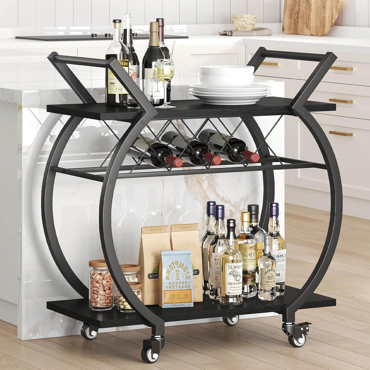 LVB Drankenkar zwart, moderne barwagen, hout en metaal combinatie, 4 draaibare wielen, opbergrek, ideaal voor salon of dining