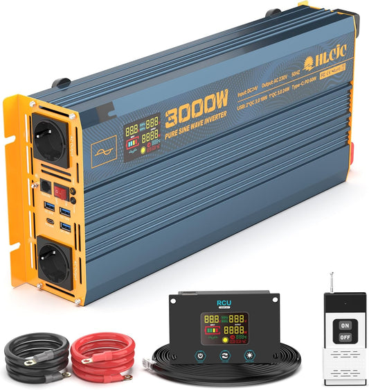 Spanningsomvormer, 3000 W24 V, zuivere sinusomvormer, 24 V naar 230 V, met 2 EU-stopcontacten, 1 x USB-C, 3 x USB-A, snelladen, lcd-display voor camper, vrachtwagen, auto