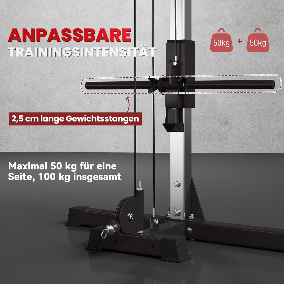 Krachtstation – Cable Crossover – Fitnessstation – Thuisgym – Trainmachine – Dubbele Kabels – Gewicht Instelbaar Tot 100 kg – Stalen Frame 245x85x207 cm – Zwart - QUORE
