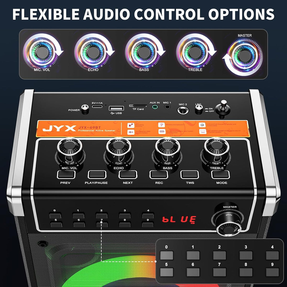 JYX karaokemachine met 2 UHF draadloze microfoons, bas/treble Bluetooth-luidspreker met LED-licht, ondersteuning TWS, AUX In, FM, REC, levering voor feest/volwassenen/kinderen - zwart