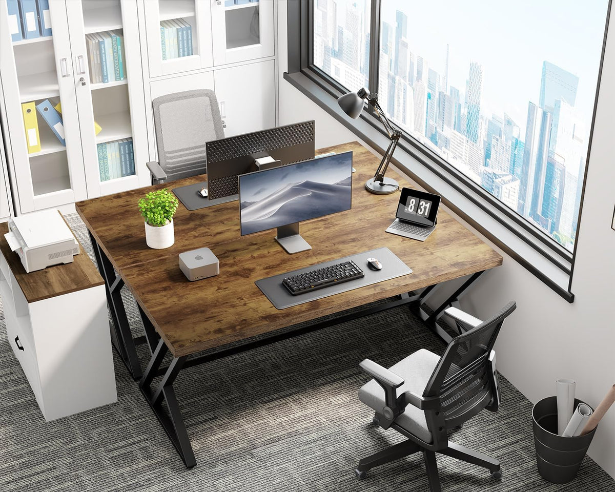 LVB Rustiek computerbureau, metalen houten bureau voor thuiskantoor, industrieel eenvoudig studiebureau voor schrijfwerk, houten student gaming computer pc-tafel met opbergruimte voor slaapkamer, 140