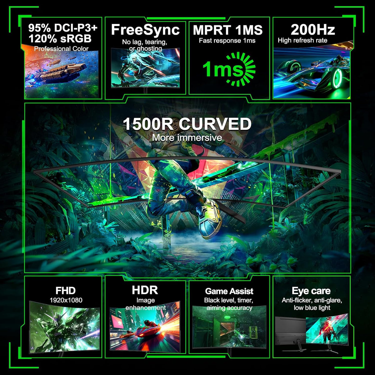 Minifire Gaming Curved Monitor 27 inch MFG27C1 200Hz 1Ms 120% sRGB monitor with Sprecher 1920 x 1080VA panel (MFG27C1 with HDMI cable) - QUORE