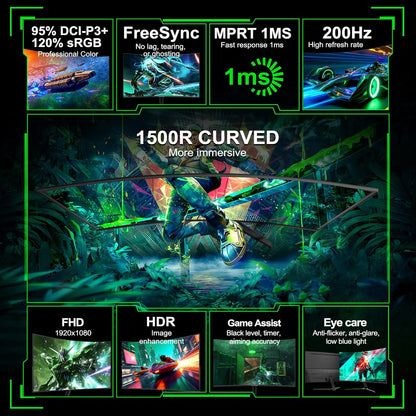 Minifire Gaming Curved Monitor 27 inch MFG27C1 200Hz 1Ms 120% sRGB monitor with Sprecher 1920 x 1080VA panel (MFG27C1 with HDMI cable) - QUORE