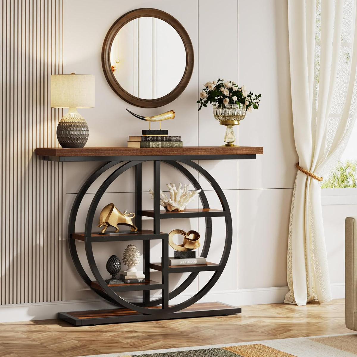 Tribesigns Console Table, 105cm Industrial 6 Tier Sofa Table, Entrance Table with Circle Base, Narrow Wooden Accent Tables with Storage Shelves for Living Room, Hallway, Foyer, Rustic Brown