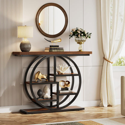 Tribesigns Console Table, 105cm Industrial 6 Tier Sofa Table, Entrance Table with Circle Base, Narrow Wooden Accent Tables with Storage Shelves for Living Room, Hallway, Foyer, Rustic Brown